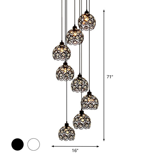 Modern Crystal Dome Chandelier White/Black 8-Bulb Ceiling Light For Living Room