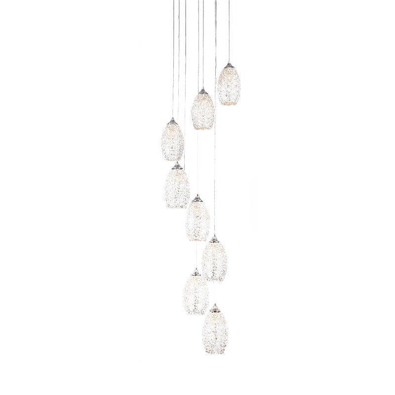 Contemporary Metallic Hanging Lamp: 8-Bulb Silver Egg Shape Stair Pendant