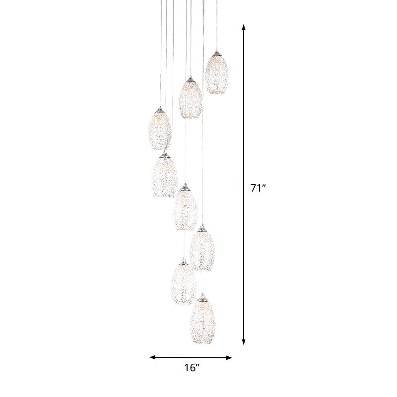 Contemporary Metallic Egg-Shaped Stair Pendant With 8 Bulbs Silver Hanging Lamp