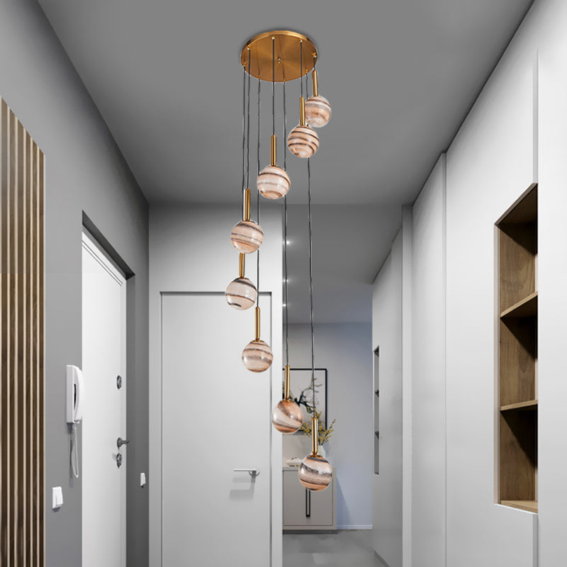 Jupiter Glass Cluster Pendant With Modern Spiral Design - 8 Light Brown Hanging Ceiling Lamp