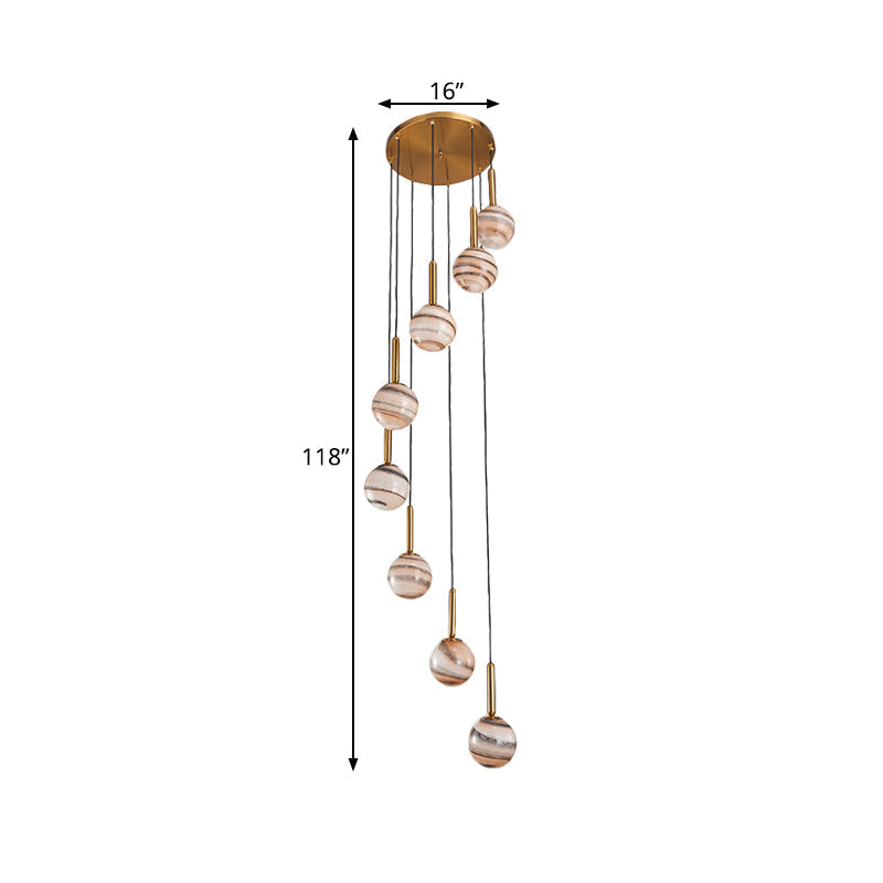 Modern Brown Glass Cluster Pendant Light With Spiral Design - 8 Ball Ceiling Lamp