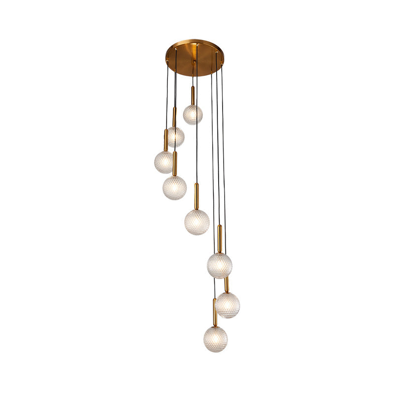 Modernist Spiral Cluster Pendant Light - 8/9 Bulbs White/Clear Lattice Glass Ceiling Hang Fixture