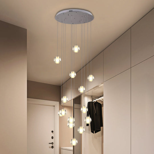 Modern White Crystal Cluster Pendant Light With 14 Bulbs - Meteor Shower Stair Hanging Lamp