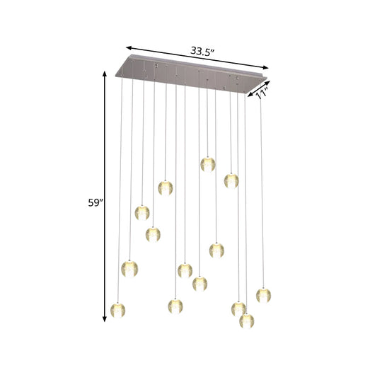 Modern White Crystal Cluster Pendant Light With 14 Bulbs - Meteor Shower Stair Hanging Lamp