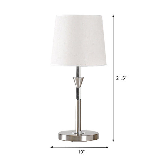 Modern White Fabric Barrel Desk Light With Metal Base - 1 Bulb Night Table Lamp