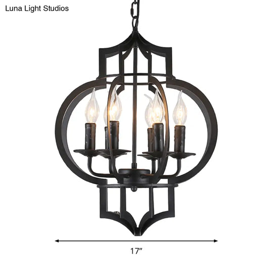 4/6 Bulbs Vintage Style Lantern Cage Chandelier Light In Black - Wrought Iron Medium Hanging Lamp