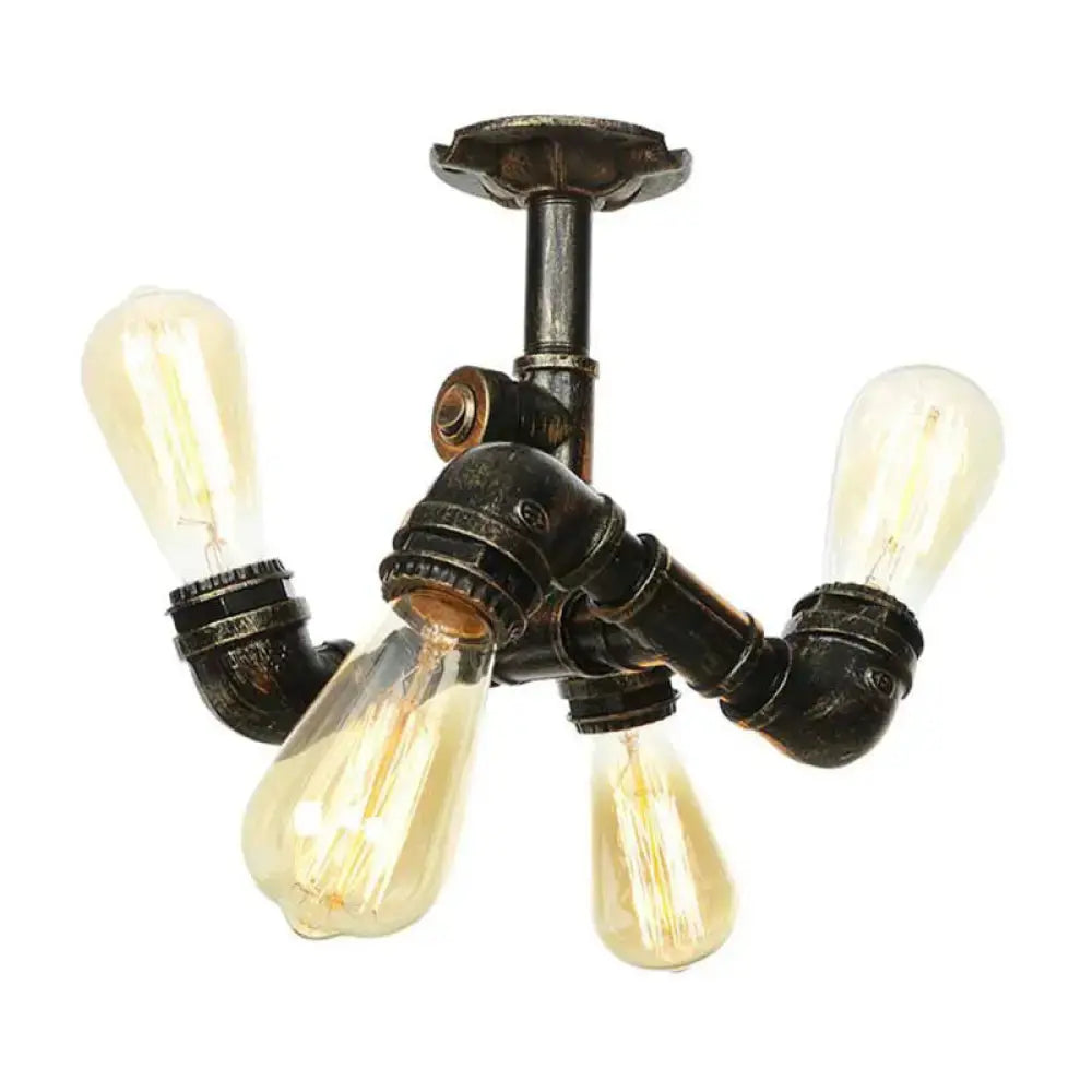 Vintage Water Pipe Metal Semi Flush Mount Ceiling Light Fixture - Antique Brass/Silver/Bronze 3/4