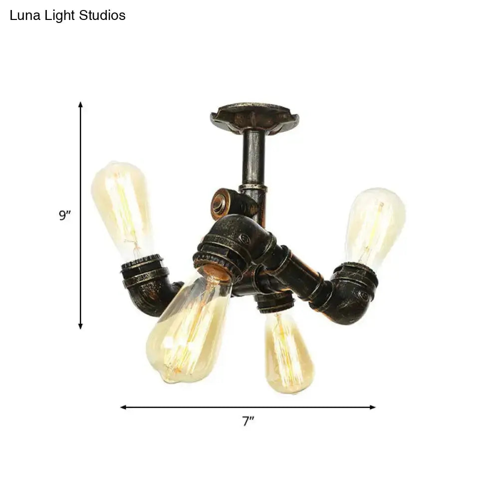 Vintage Water Pipe Metal Semi Flush Mount Ceiling Light Fixture - Antique Brass/Silver/Bronze 3/4