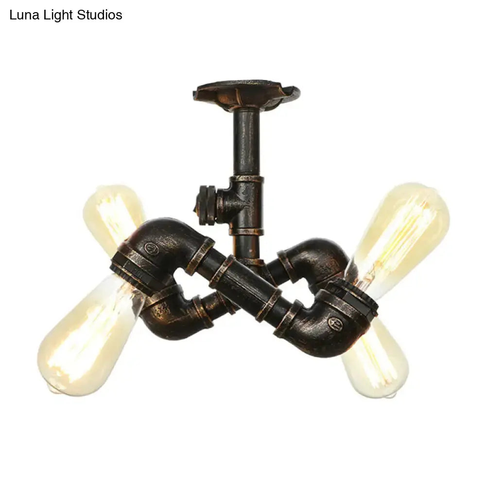Vintage Water Pipe Metal Semi Flush Mount Ceiling Light Fixture - Antique Brass/Silver/Bronze 3/4