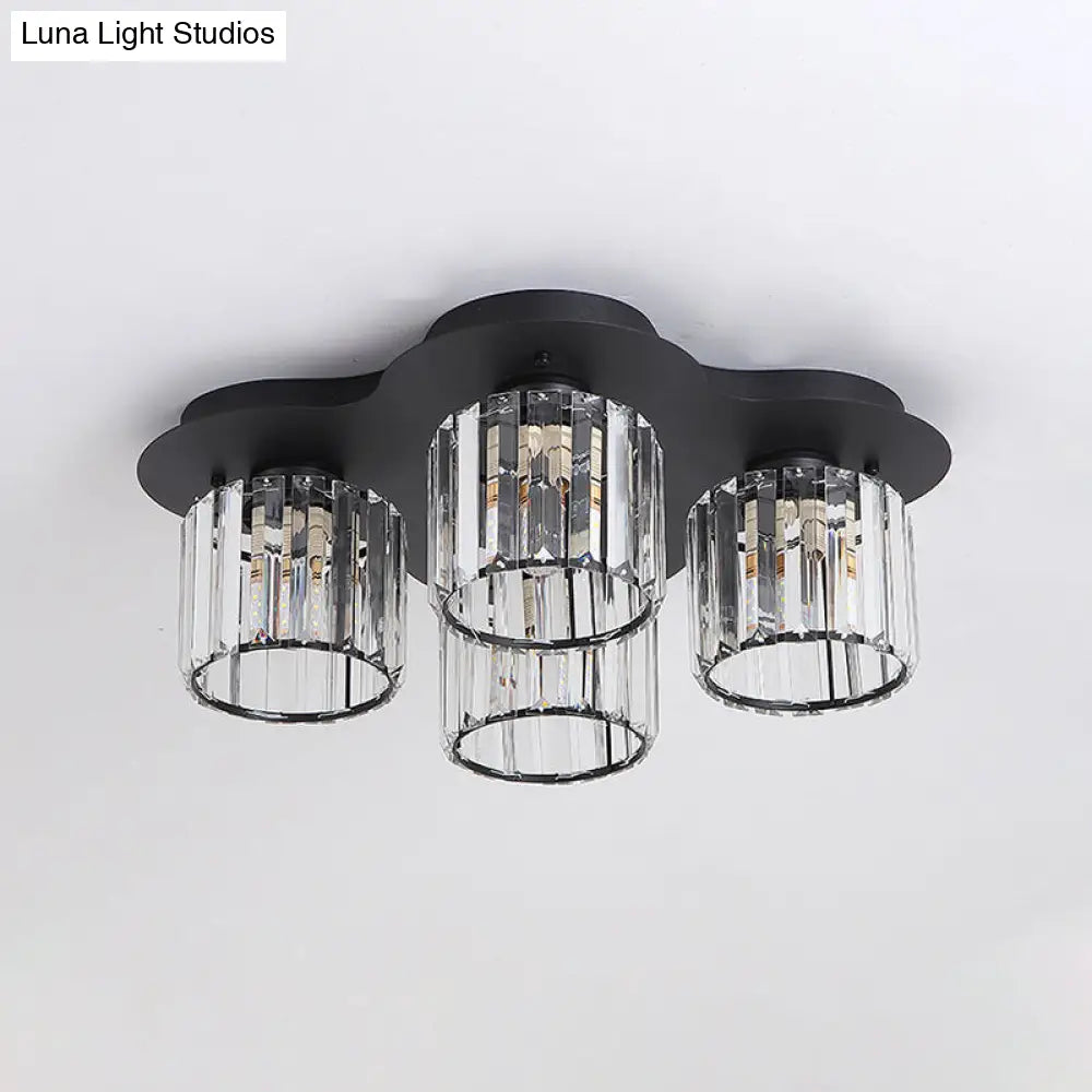 4-Head Crystal Block Flush Ceiling Light Fixture In Black/Gold - Simple Cylinder Design