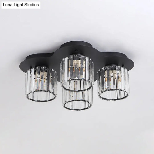 4-Head Crystal Block Flush Ceiling Light Fixture In Black/Gold - Simple Cylinder Design