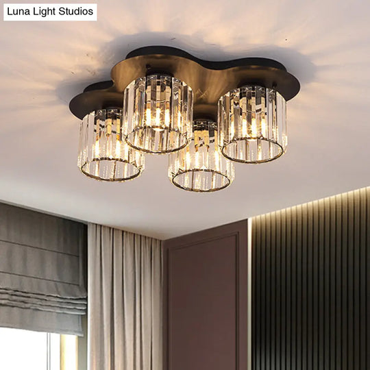4-Head Crystal Block Flush Ceiling Light Fixture In Black/Gold - Simple Cylinder Design Black