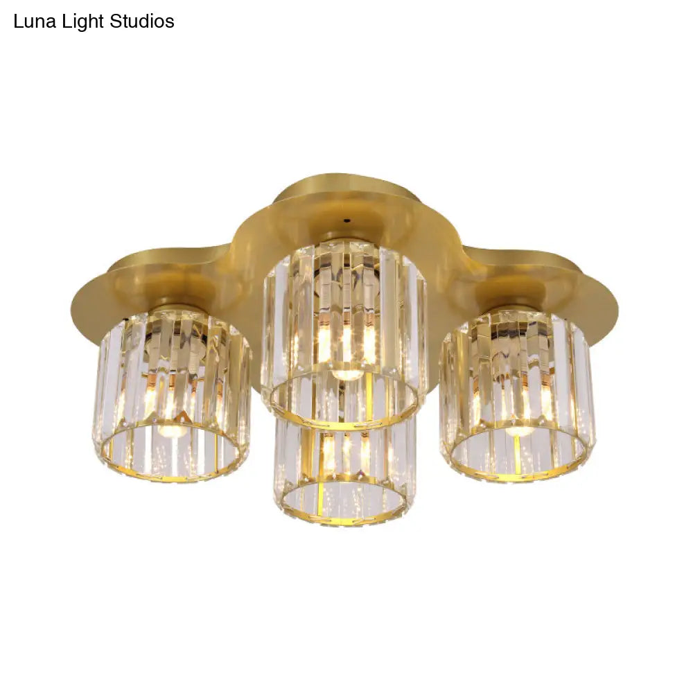 4 - Head Crystal Block Flush Ceiling Light Fixture In Black/Gold - Simple Cylinder Design
