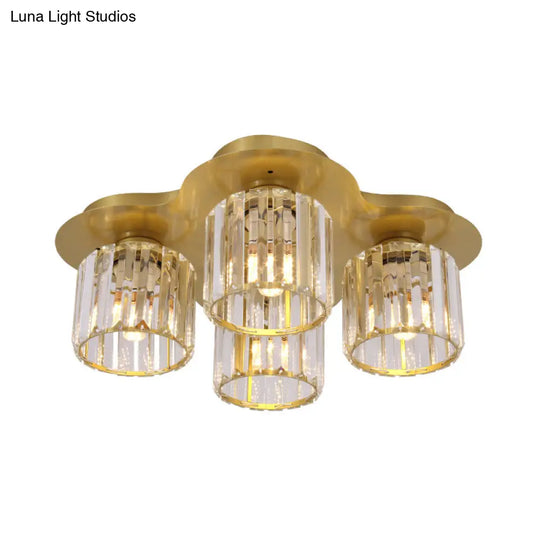 4 - Head Crystal Block Flush Ceiling Light Fixture In Black/Gold - Simple Cylinder Design
