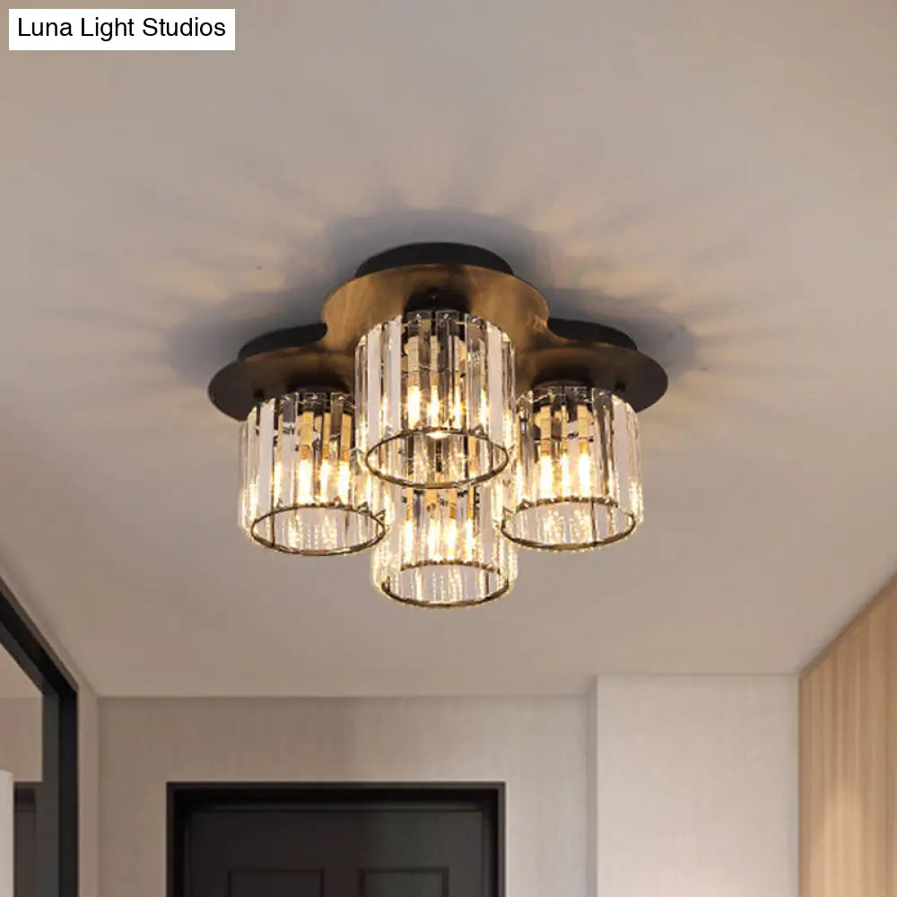 4-Head Crystal Block Flush Ceiling Light Fixture In Black/Gold - Simple Cylinder Design