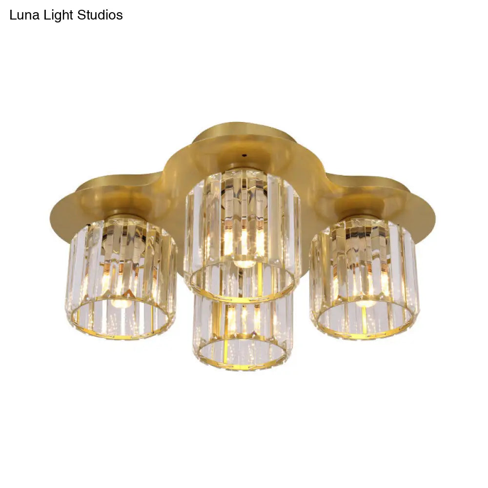 4-Head Crystal Block Flush Ceiling Light Fixture In Black/Gold - Simple Cylinder Design