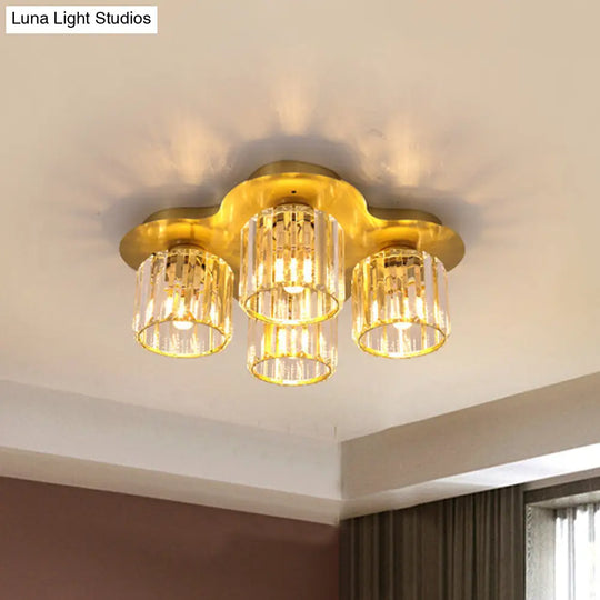 4-Head Crystal Block Flush Ceiling Light Fixture In Black/Gold - Simple Cylinder Design