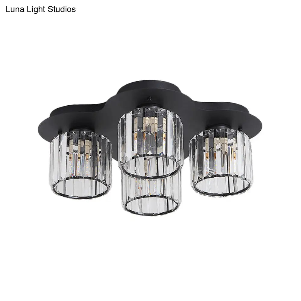 4-Head Crystal Block Flush Ceiling Light Fixture In Black/Gold - Simple Cylinder Design