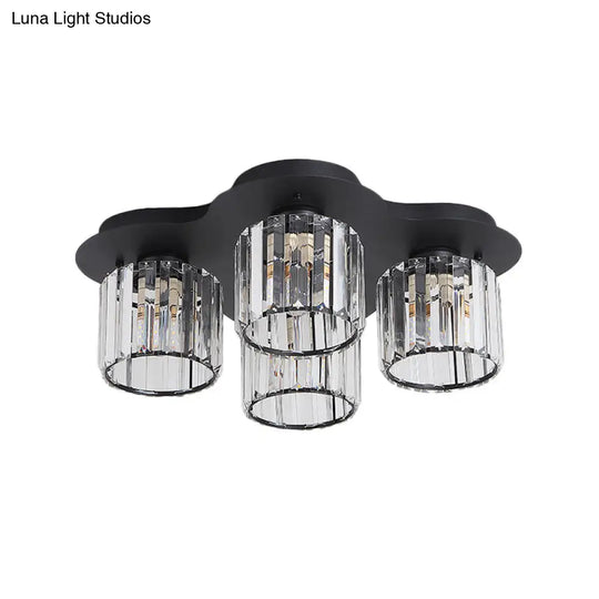 4-Head Crystal Block Flush Ceiling Light Fixture In Black/Gold - Simple Cylinder Design