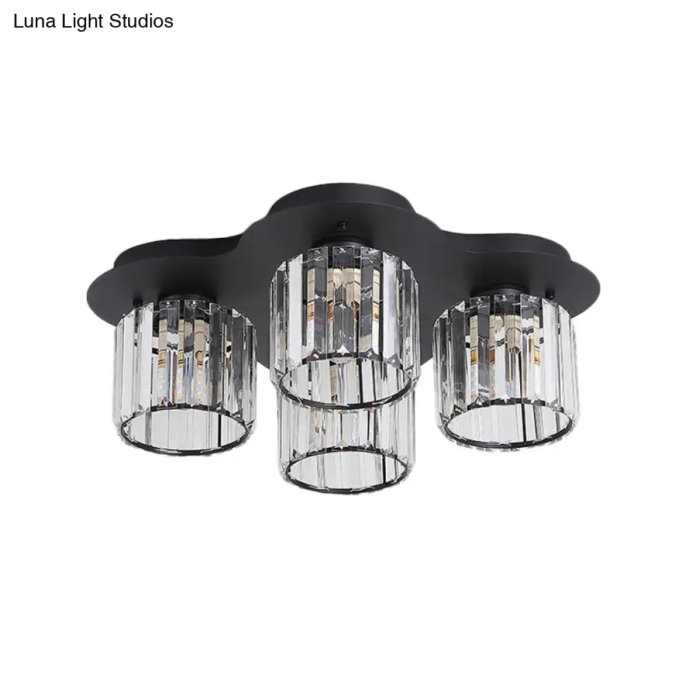 4 - Head Crystal Block Flush Ceiling Light Fixture In Black/Gold - Simple Cylinder Design