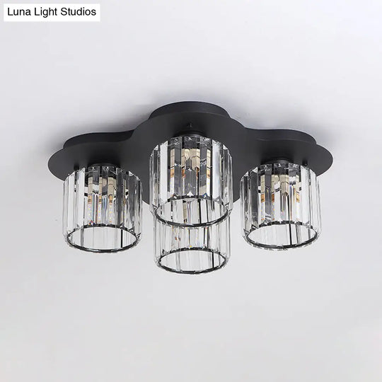 4 - Head Crystal Block Flush Ceiling Light Fixture In Black/Gold - Simple Cylinder Design