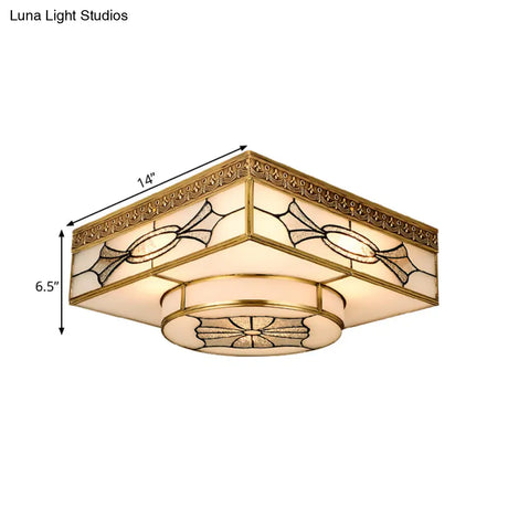4 - Light Colonial Square Opal Glass Flush Mount Gold Kitchen Lighting Fixture