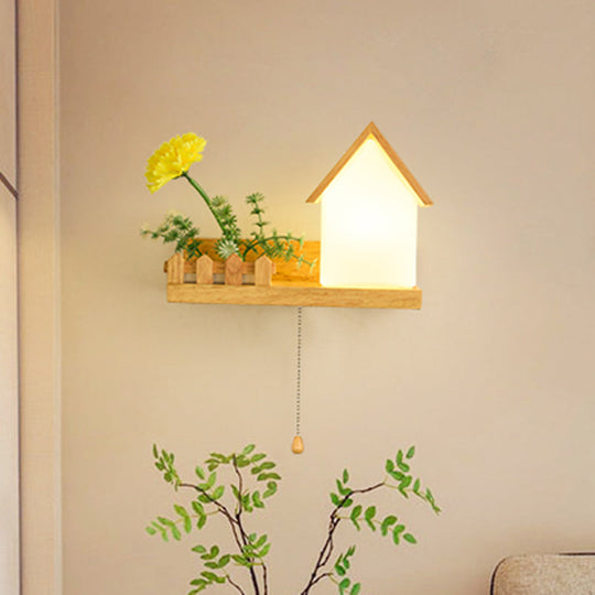 Industrial Frosted Glass Wall Sconce Light - House Bedroom Wood Led Flower Lighting (Left/Right) /