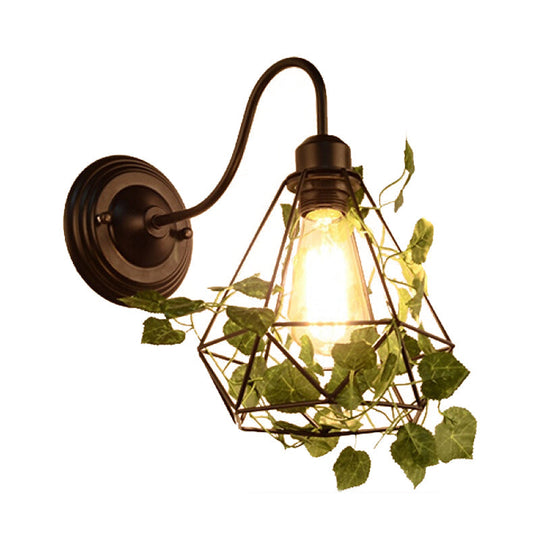 Industrial Diamond/Globe/Square Metal Led Wall Lamp Sconce In Black With Plant - 1 Light Fixture