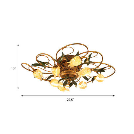 American Garden Bedroom Ceiling Light With 8/15 Led Heads And Frosted Glass In Brass Finish
