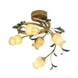 Pastoral Style Tulip Dining Semi-Flush Brass Ceiling Lamp With 5 Led Bulbs