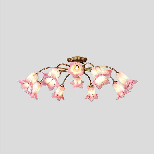 10 - Head Led Semi Flush Mount Ceiling Light For Bedroom With Pastoral Lily/Tulip Glass Shade -