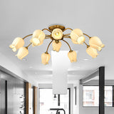 10-Head Led Semi Flush Mount Ceiling Light For Bedroom With Pastoral Lily/Tulip Glass Shade -