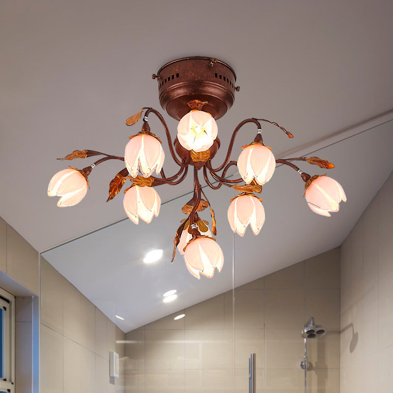 Lotus Metal Ceiling Lamp - 9 - Bulb Semi Flush Mount In Dark Brown Perfect For Living Rooms And