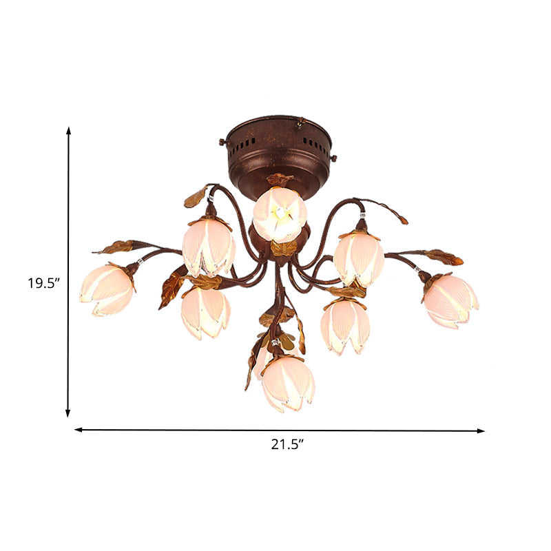 Lotus Metal Ceiling Lamp - 9 - Bulb Semi Flush Mount In Dark Brown Perfect For Living Rooms And
