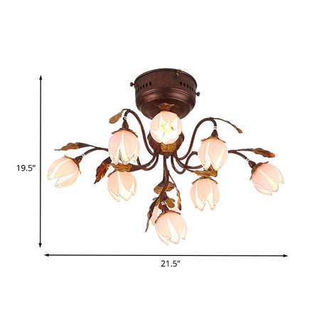 Lotus Metal Ceiling Lamp - 9-Bulb Semi Flush Mount In Dark Brown Perfect For Living Rooms And