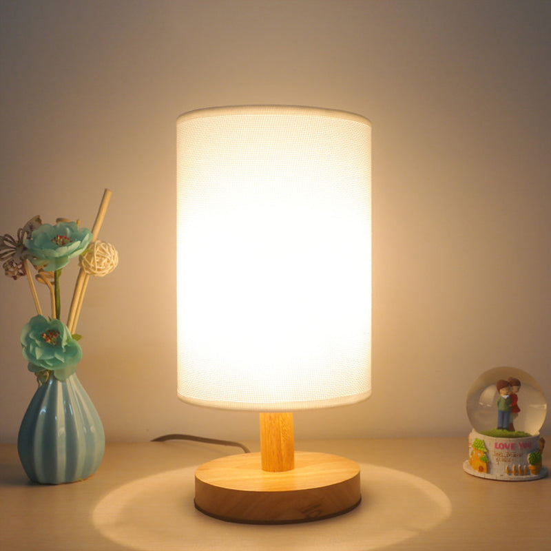 Japanese Cylinder Task Lamp: Fabric Reading Light - White/Flaxen Wood Base