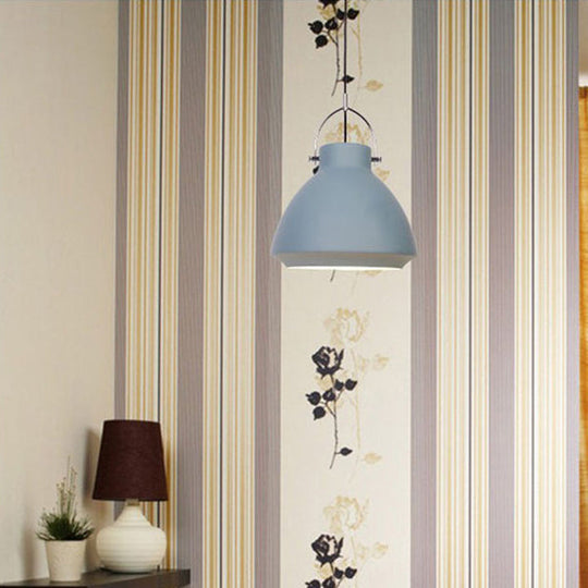 Dome Suspended Macaron Style Pendant Light - 10’/14’ Metallic Fixture With Handle In Black/Blue