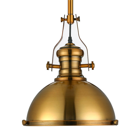 Antique Brass Pendant Light With Frosted Diffuser - Vintage Style Metal Dome Shade 1-Light Hanging