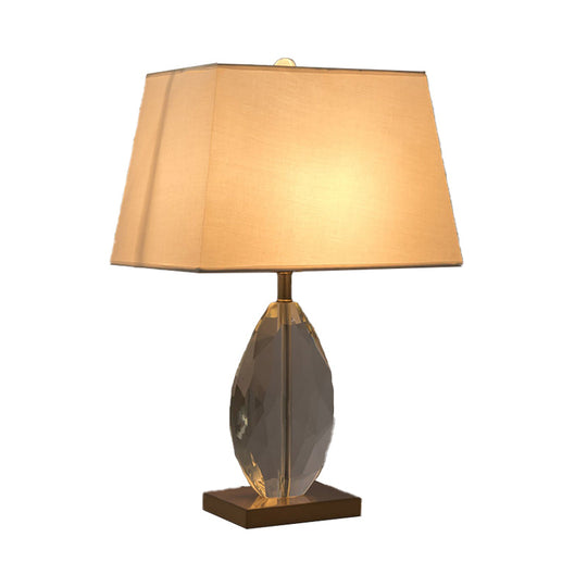 Modernism Teardrop Reading Light With Beveled Crystal Accent - White Nightstand Lamp Fabric Shade