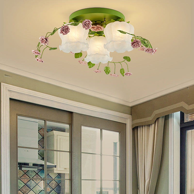 Romantic Green Floral Ceiling Light Fixture With 1/3/5 Metal Heads For Living Room Flush Mount 3 /