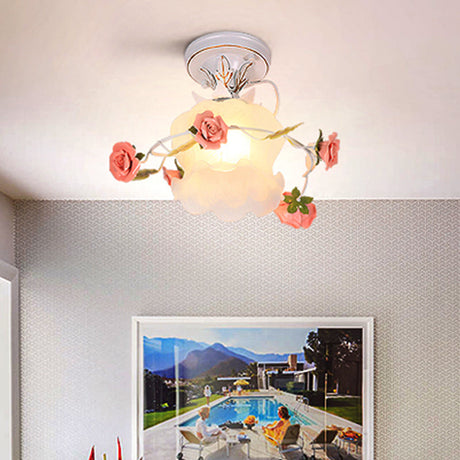 Countryside Bloom 1-Light Metal Ceiling Flush Mount In White For Foyer