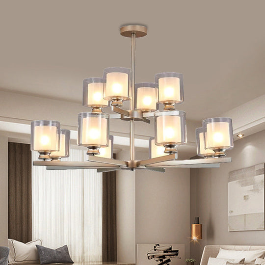 Modern 2-Tier White Glass Chandelier: Radial Design 12 Lights Black/Gold/Silver