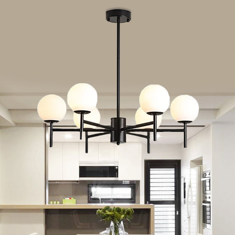 Lustre Globe Contemporain Noir/Or avec Design Radial - 6/8/9 Lumières, Lampe à Suspension en Verre de Lait