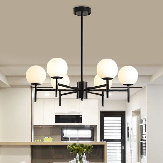 Lustre Globe Contemporain Noir/Or avec Design Radial - 6/8/9 Lumières, Lampe à Suspension en Verre de Lait
