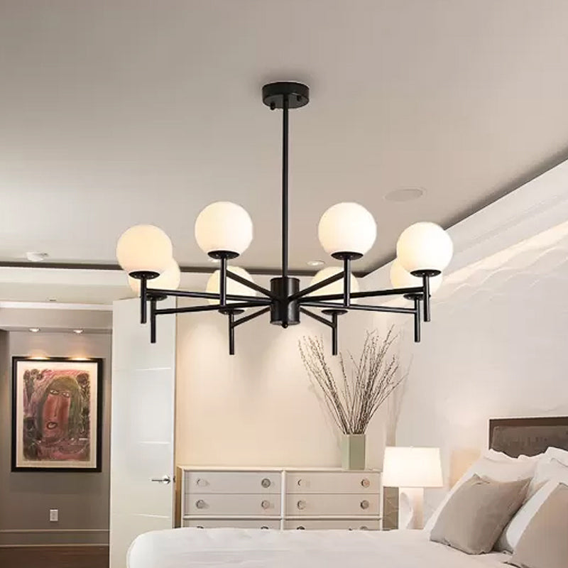 Lustre Globe Contemporain Noir/Or avec Design Radial - 6/8/9 Lumières, Lampe à Suspension en Verre de Lait