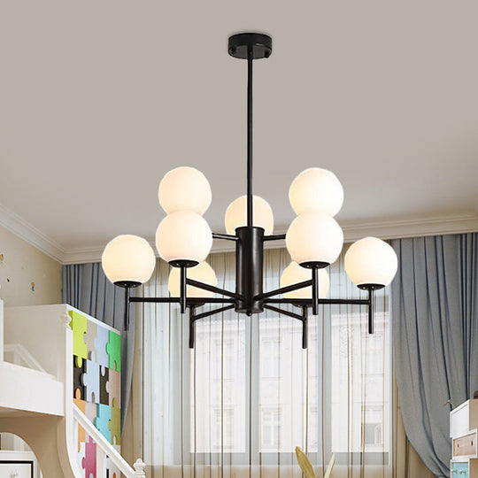 Lustre Globe Contemporain Noir/Or avec Design Radial - 6/8/9 Lumières, Lampe à Suspension en Verre de Lait