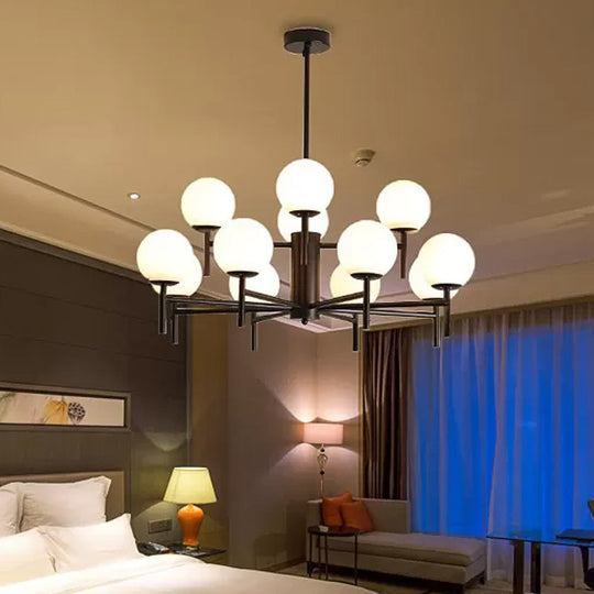 Lustre Globe Contemporain Noir/Or avec Design Radial - 6/8/9 Lumières, Lampe à Suspension en Verre de Lait