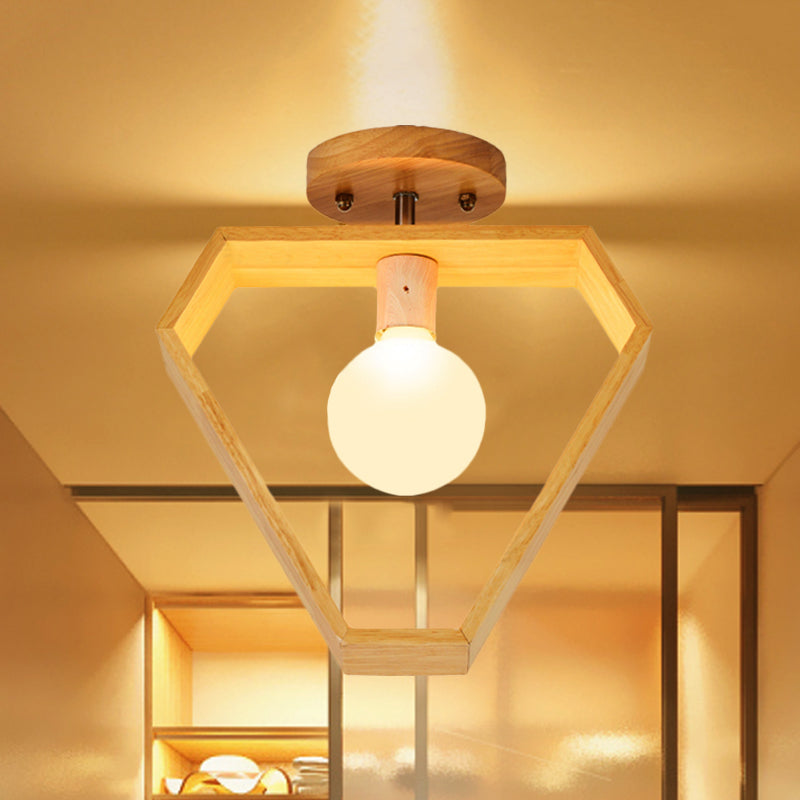 Modern Wood Semi Flush Mount Light - Triangle/Square/Pentagon Shape With White Glass 1 Head Ceiling