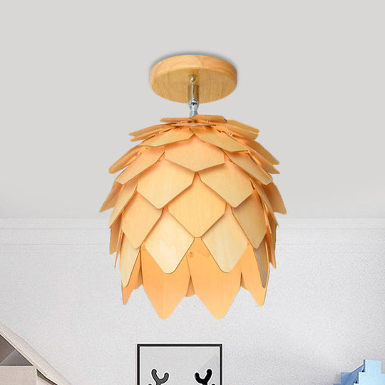 Modern Wooden Square/Trumpet/Pineapple Semi - Flush Ceiling Light - 1 Indoor Mount Wood / Pineapple