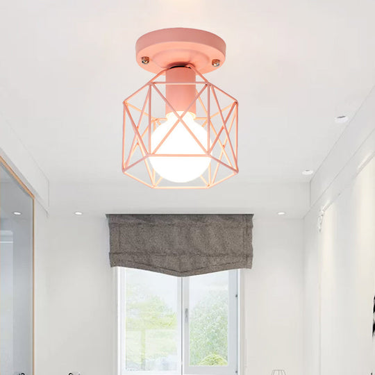 Minimalist Metal Frame Ceiling Mounted Light With White Pink And Green Accents - Ideal For Cloakroom